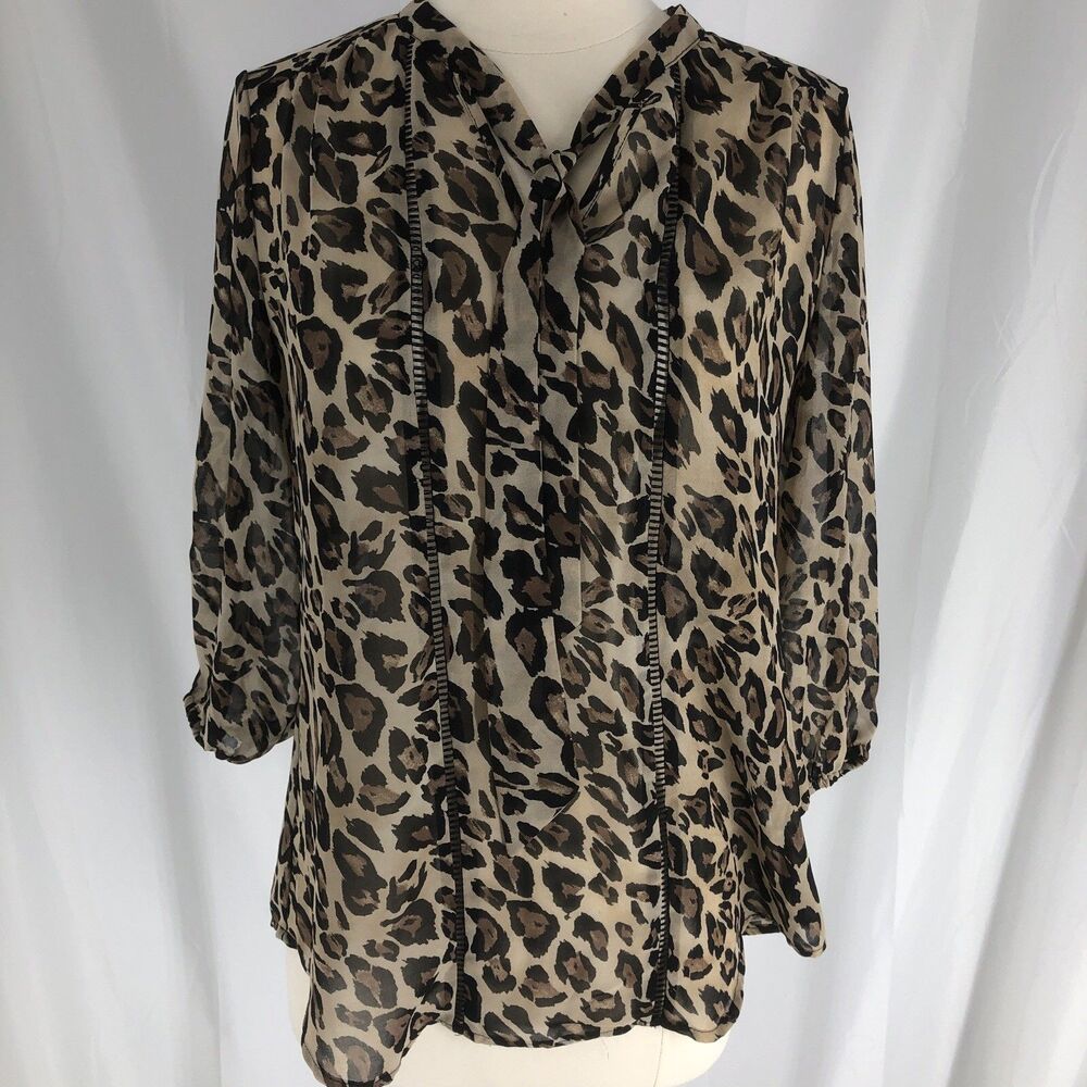 White House Black Market Women's Brown Leopard Print Sheer Blouse - 2